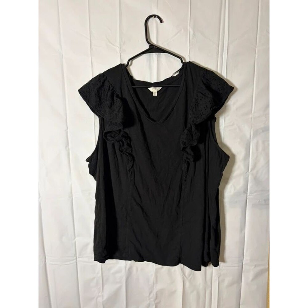 Terra & Sky Women Plus Size 4X Black Eyelet Ruffle Flutter Sleeve V Neck Top Tee